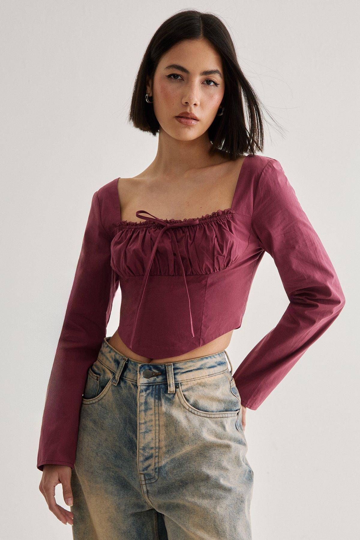 Cotton Lace Trim Lace Up Back Long Sleeve Corset Top Product Image