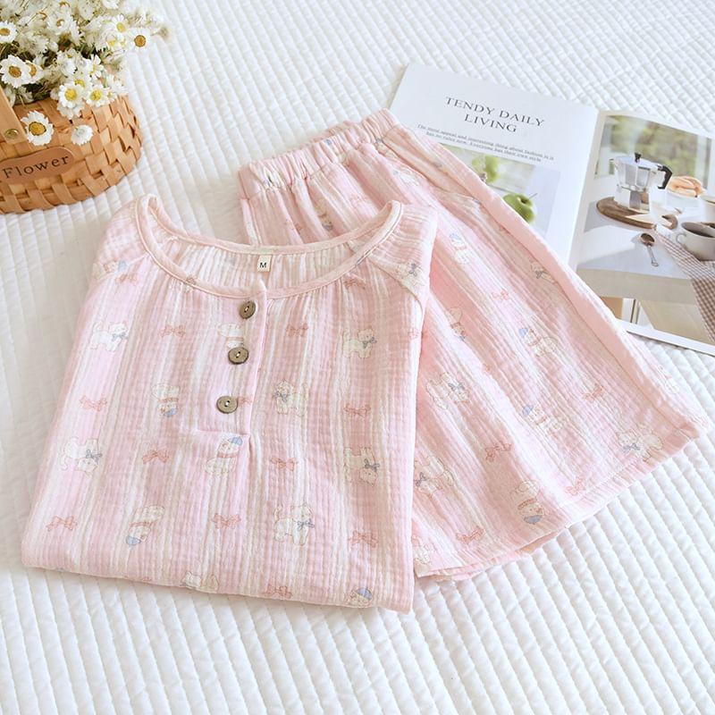 Pajama Set: Short-Sleeve Half Buttoned Print Top + Shorts Product Image