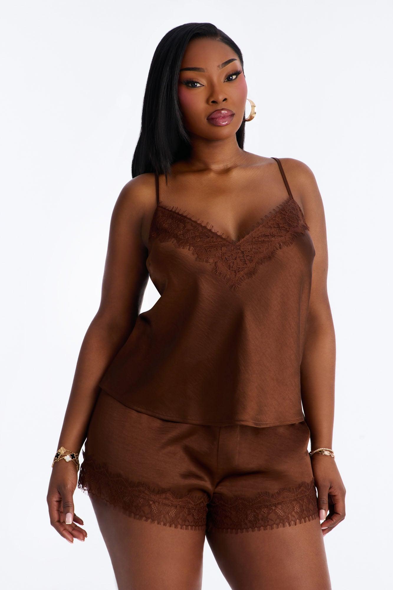 Romance Me Satin Lace Trim Cami Top - Brown Female Product Image