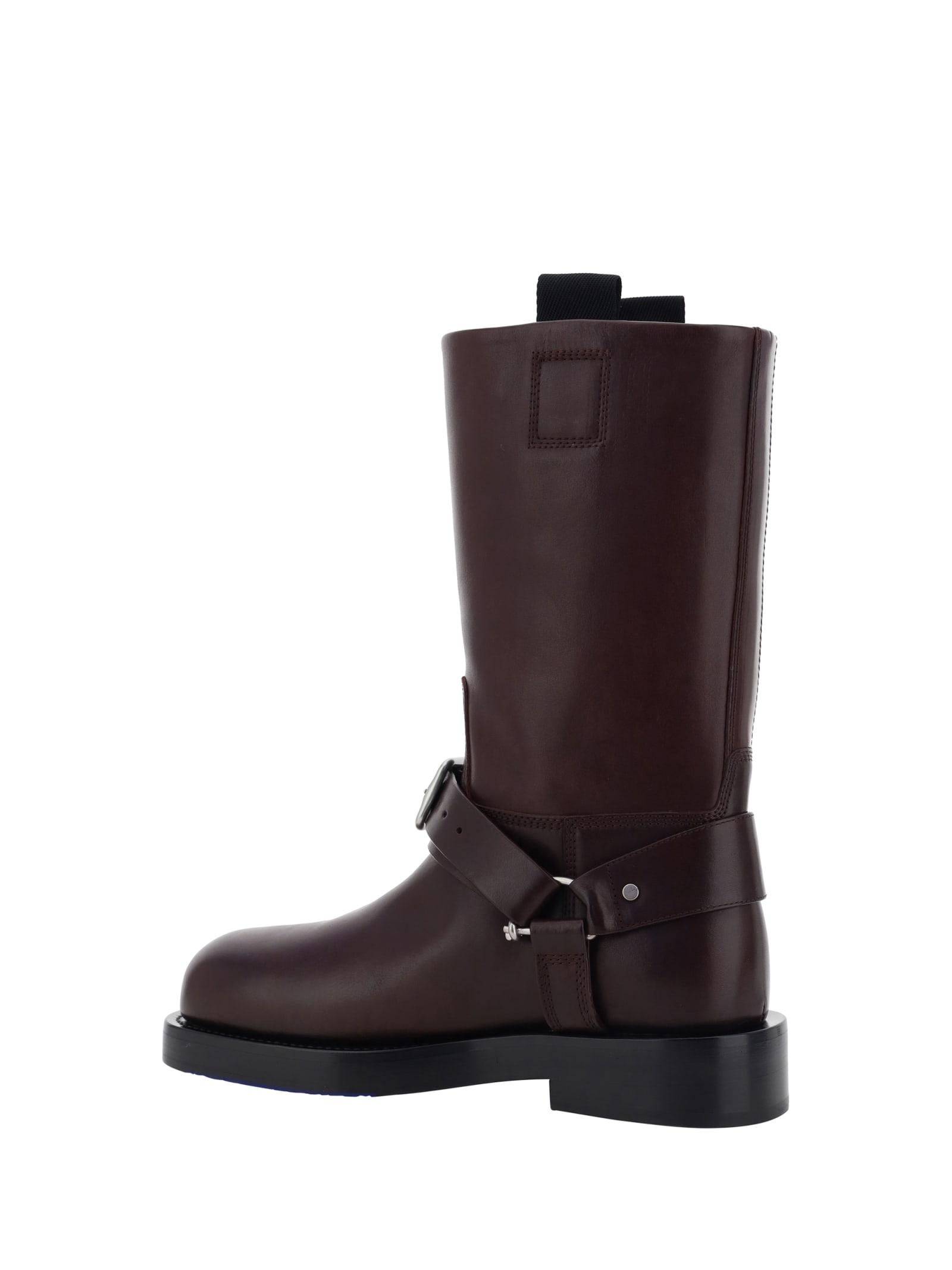 BURBERRY Women Aubergine Leather Saddle Ankle Boots In Black Product Image