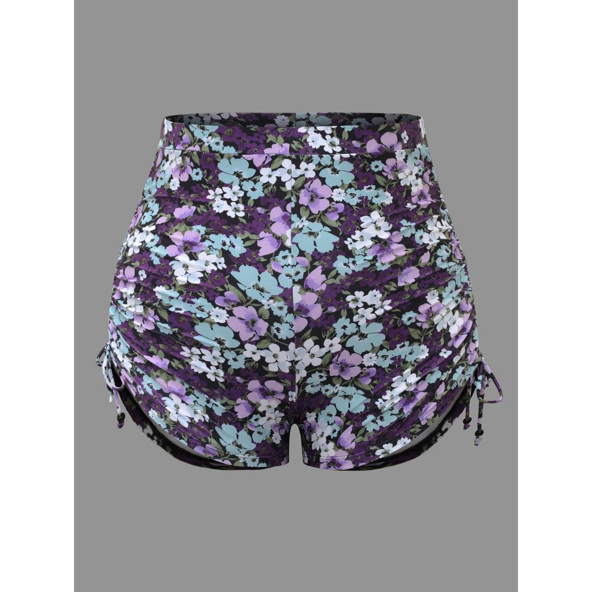 Plus Size Floral Print Stretchy Drawstring Swim Bottoms Women's Swimwear Eggplant Resort Drawstring High stretch Skinny High Rise Curve Swim Bottoms BloomChic 12/L Product Image
