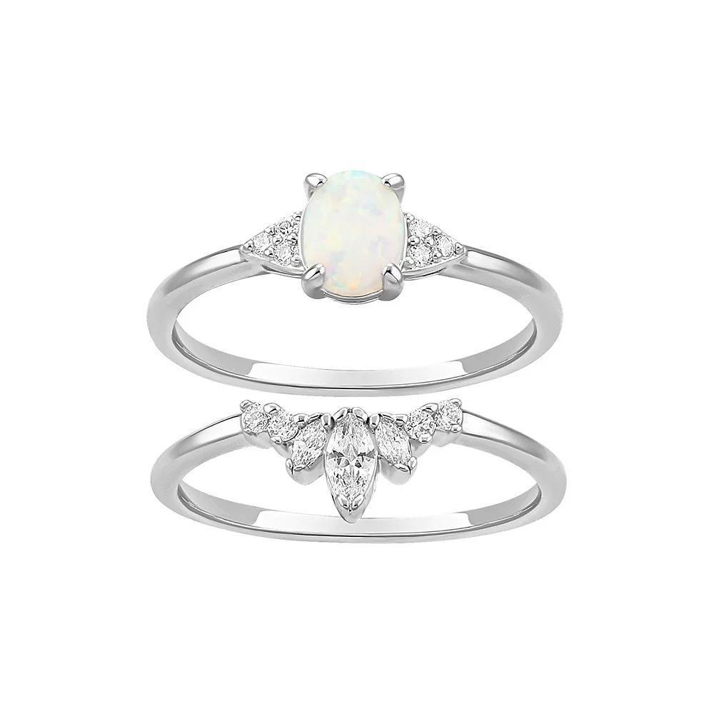 PRIMROSE Fine Silver Plated White Opal & Graduated Marquise Cubic Zirconia Ring Duo Set, Women's, Size: 9, Silvertone White Product Image
