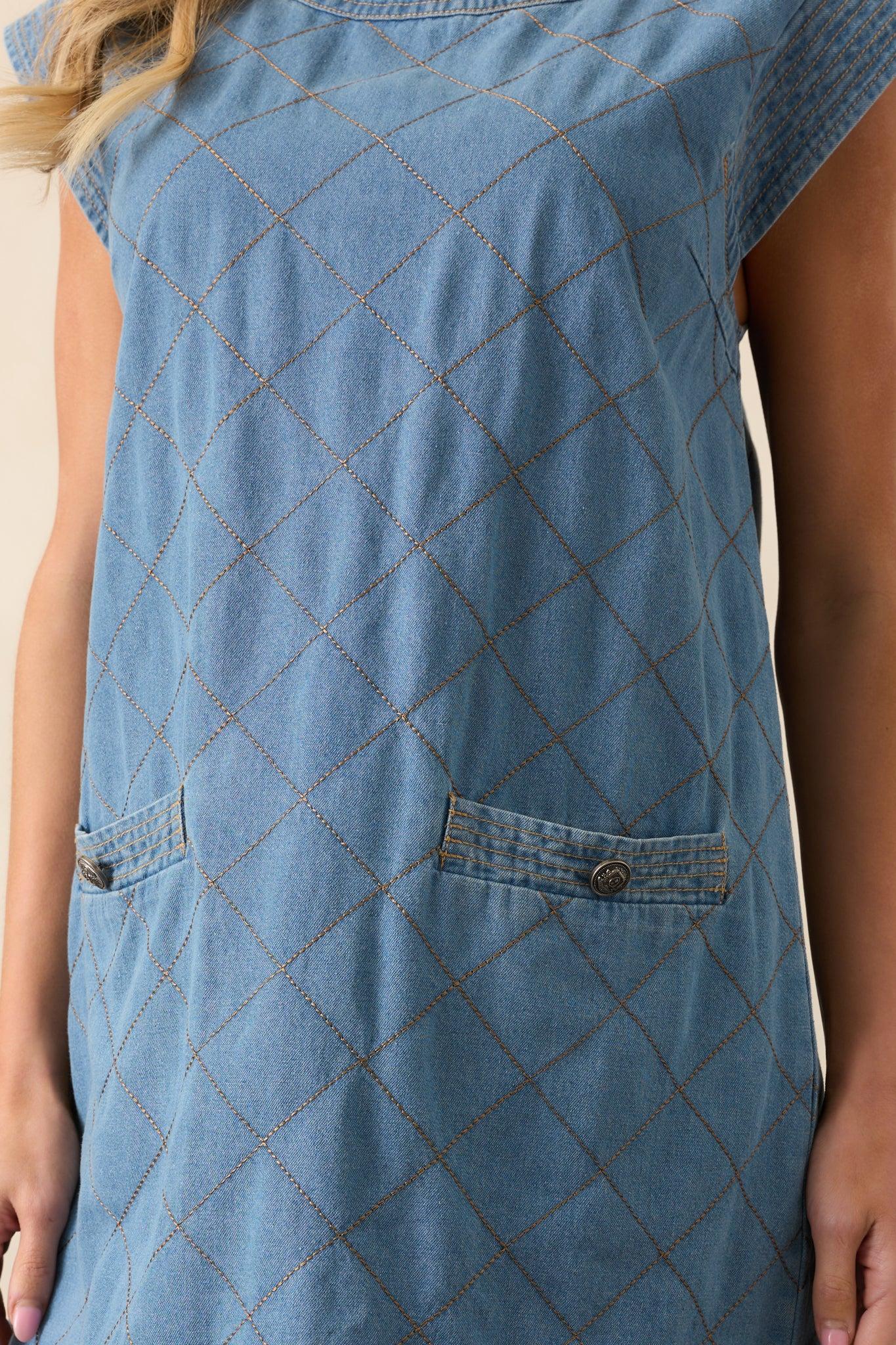 Just Wondering Light Chambray Quilted Mini Dress Product Image
