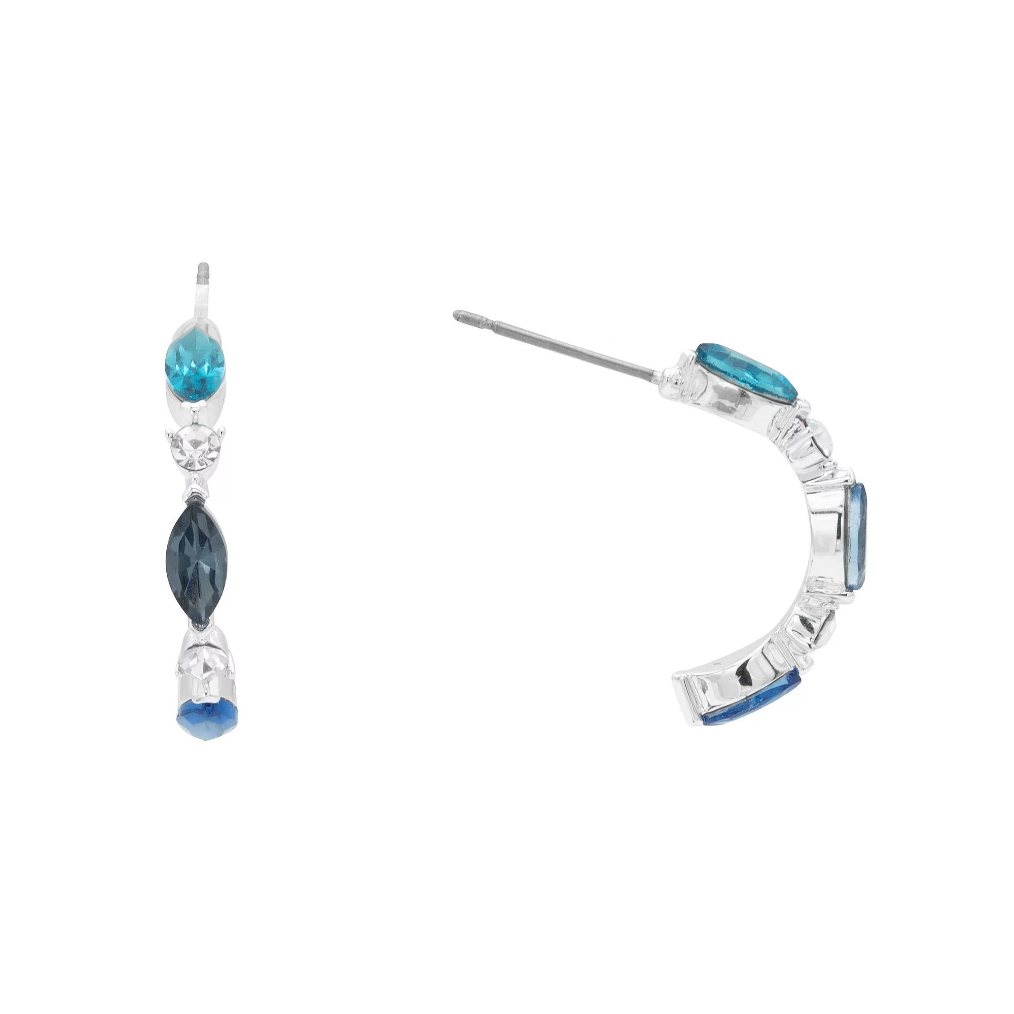 City Luxe Silver Tone Blue Tonal Crystal C-Hoop Earrings, Women's Product Image