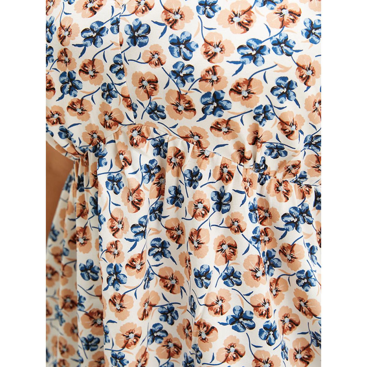 Plus Size White Ditsy Floral Cap Sleeve Ruffle Badydoll Blouse Women Elegant Cap Sleeve V-neck Dailywear Blouses BloomChic 22-24/3X Product Image