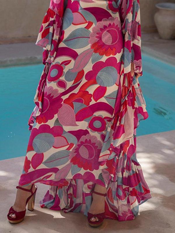 Batwing Sleeves Loose Flower Print Pleated Split-Joint Round-Neck Maxi Dresses Product Image