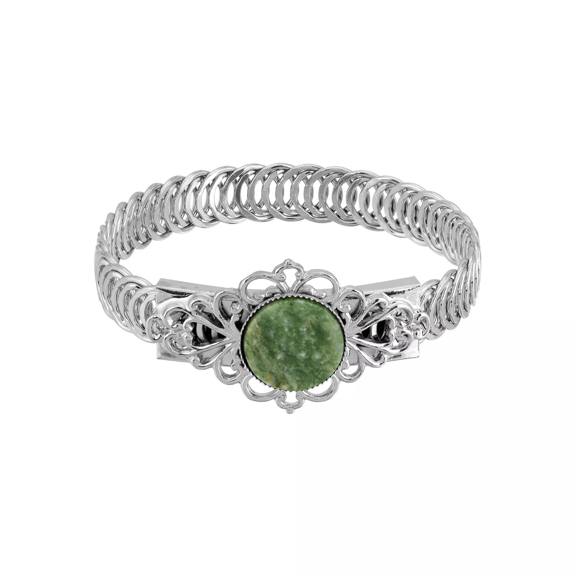 1928 Silver Tone Green Aventurine Belt Bracelet, Womens Product Image