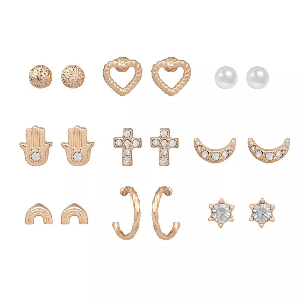 LC Lauren Conrad Rose Gold Tone Crystal & Simulated Pearl Spiritual Earrings 9-pack Set, Women's, White Product Image