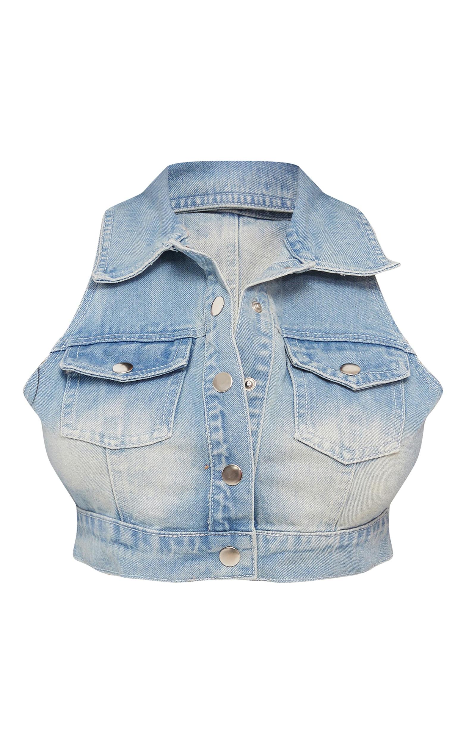 Shape Light Blue Wash Denim Button Front Sleeveless Jacket Product Image