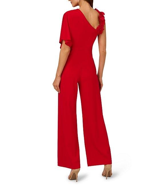 Adrianna Papell Asymmetrical Neck Floral Applique Crepe Drape Front Jumpsuit Product Image