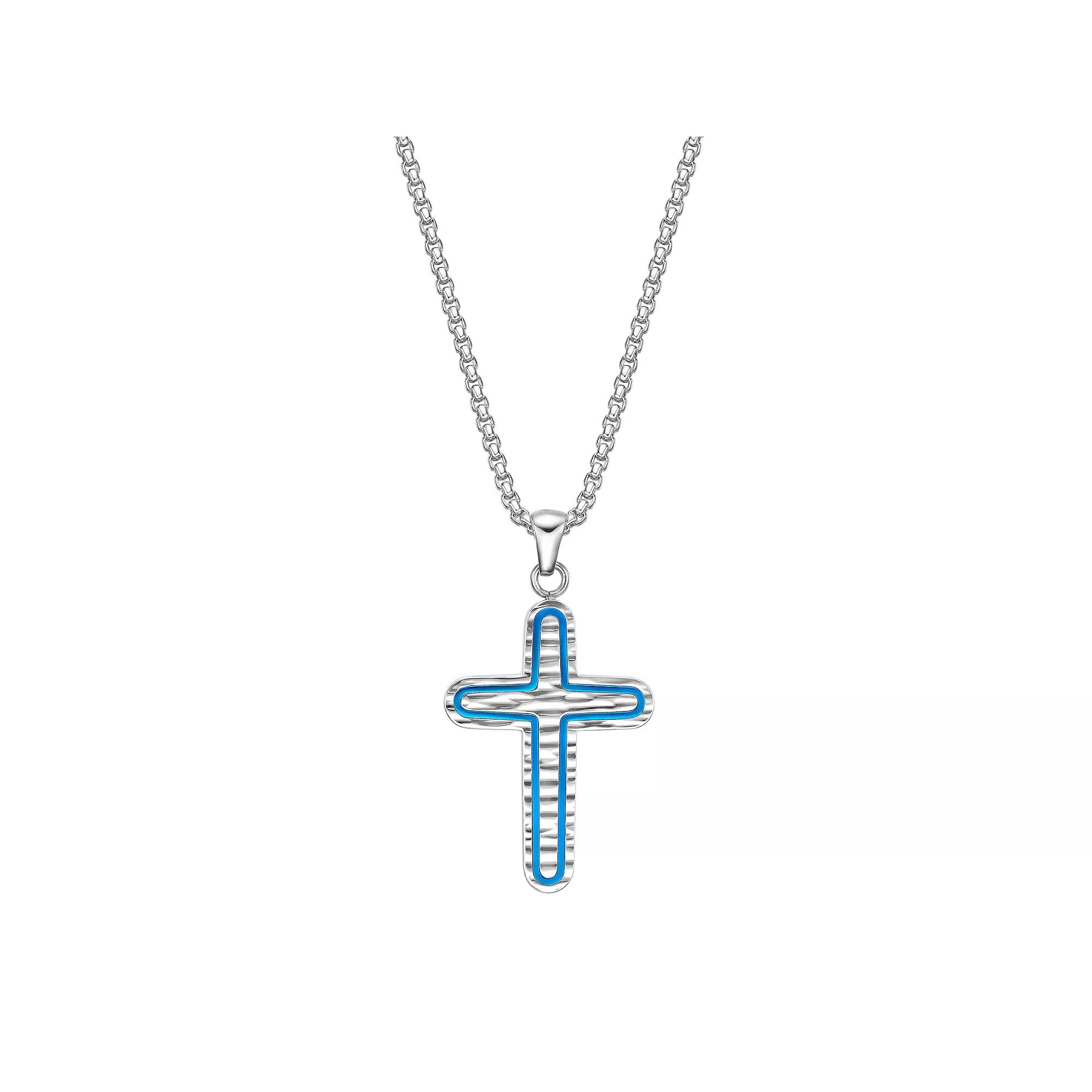 Men's LYNX Stainless Steel Textured Cross Pendant Necklace, Size: 24", Blue Tone Product Image
