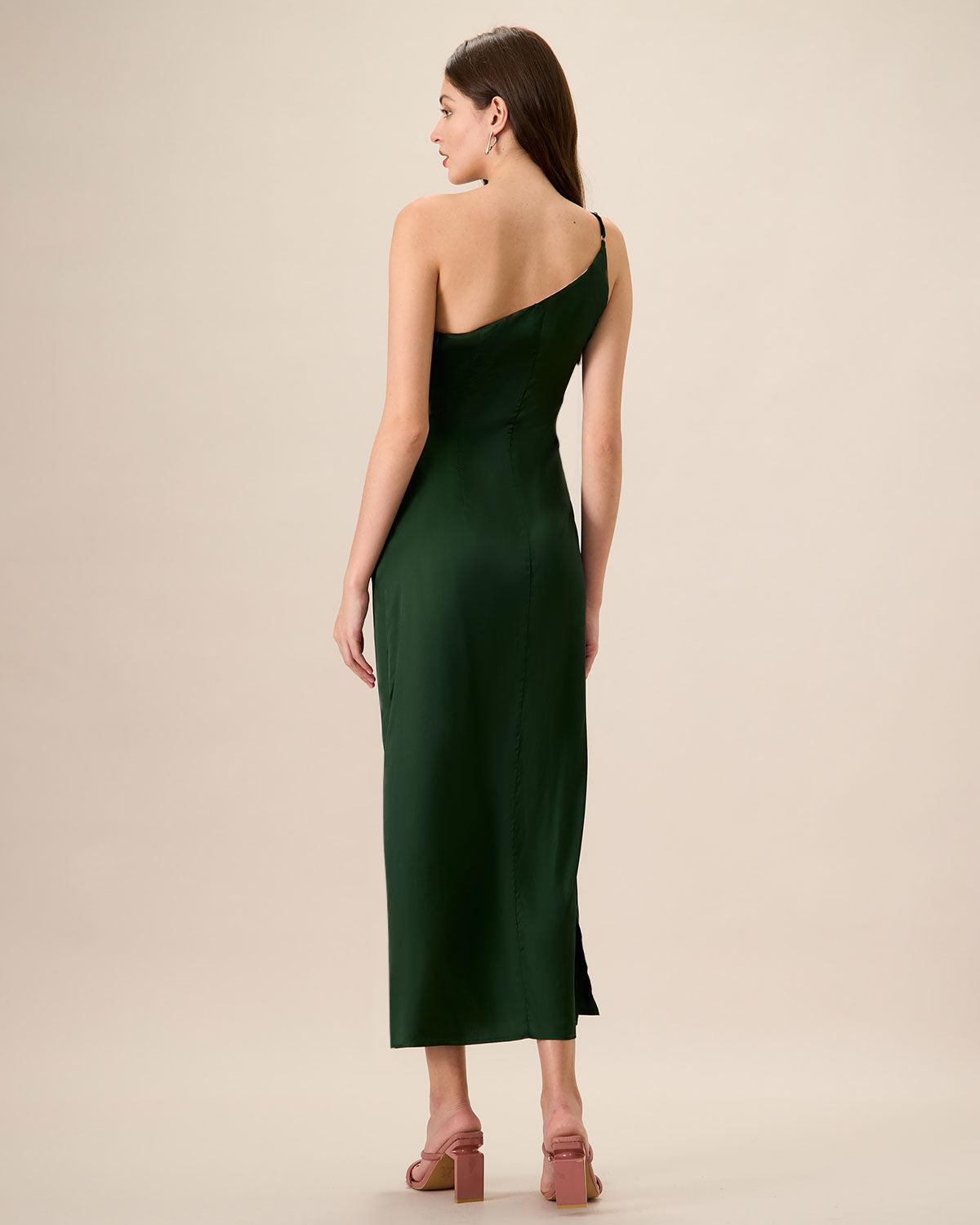 Women's Green One-shoulder Satin Maxi Dress Female Product Image