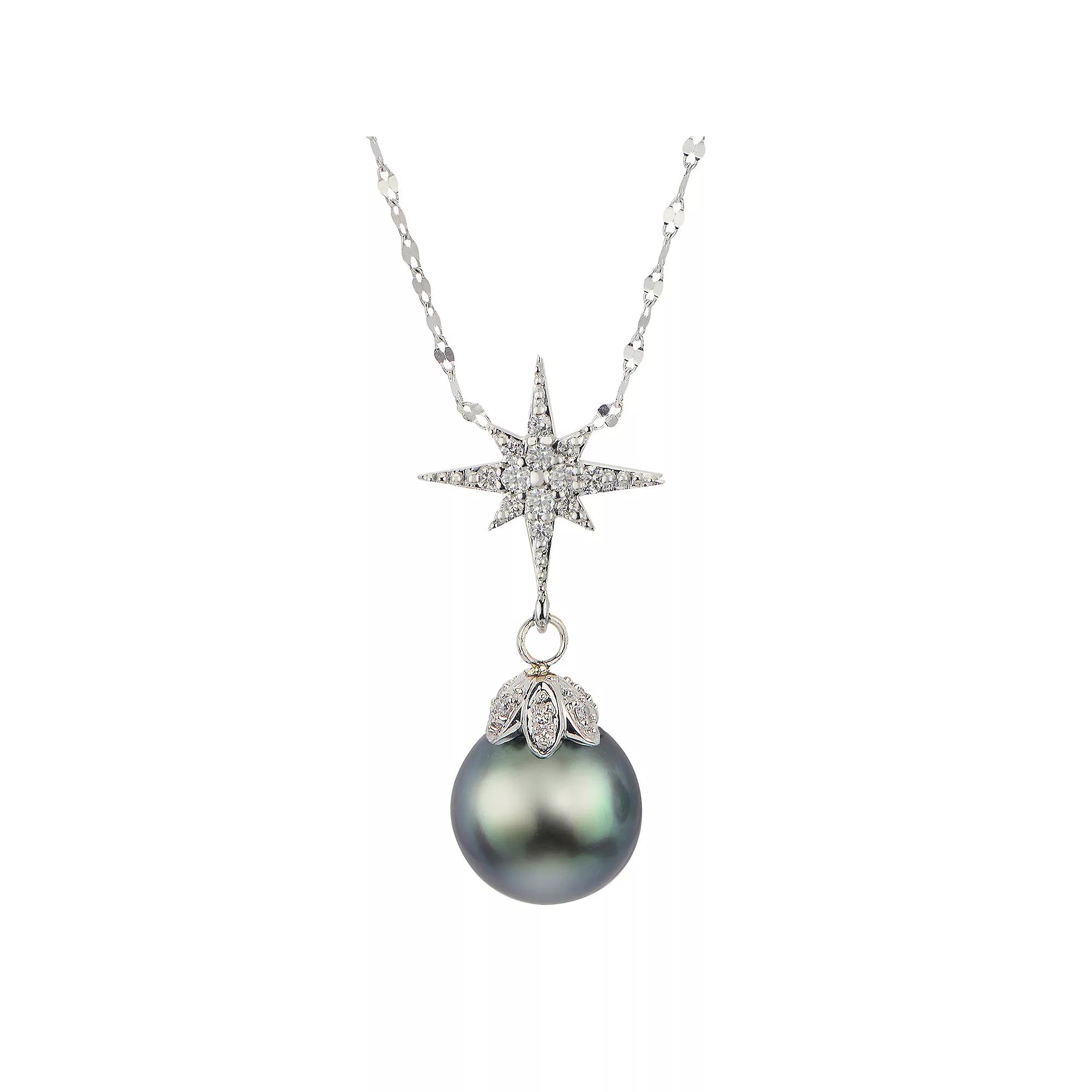 PearLustre by Imperial 14k White Gold Tahitian Cultured Pearl & 1/8 Carat T.W. Diamond Star Drop Necklace, Womens Product Image