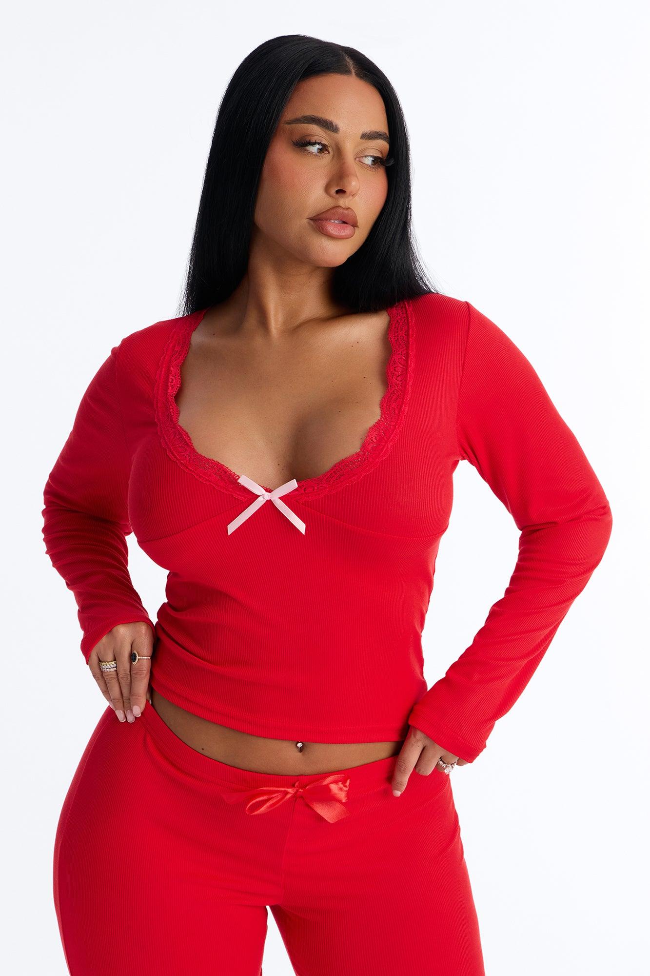 Thinking Of You Ribbed Long Sleeve PJ Pant Set - Red Female Product Image