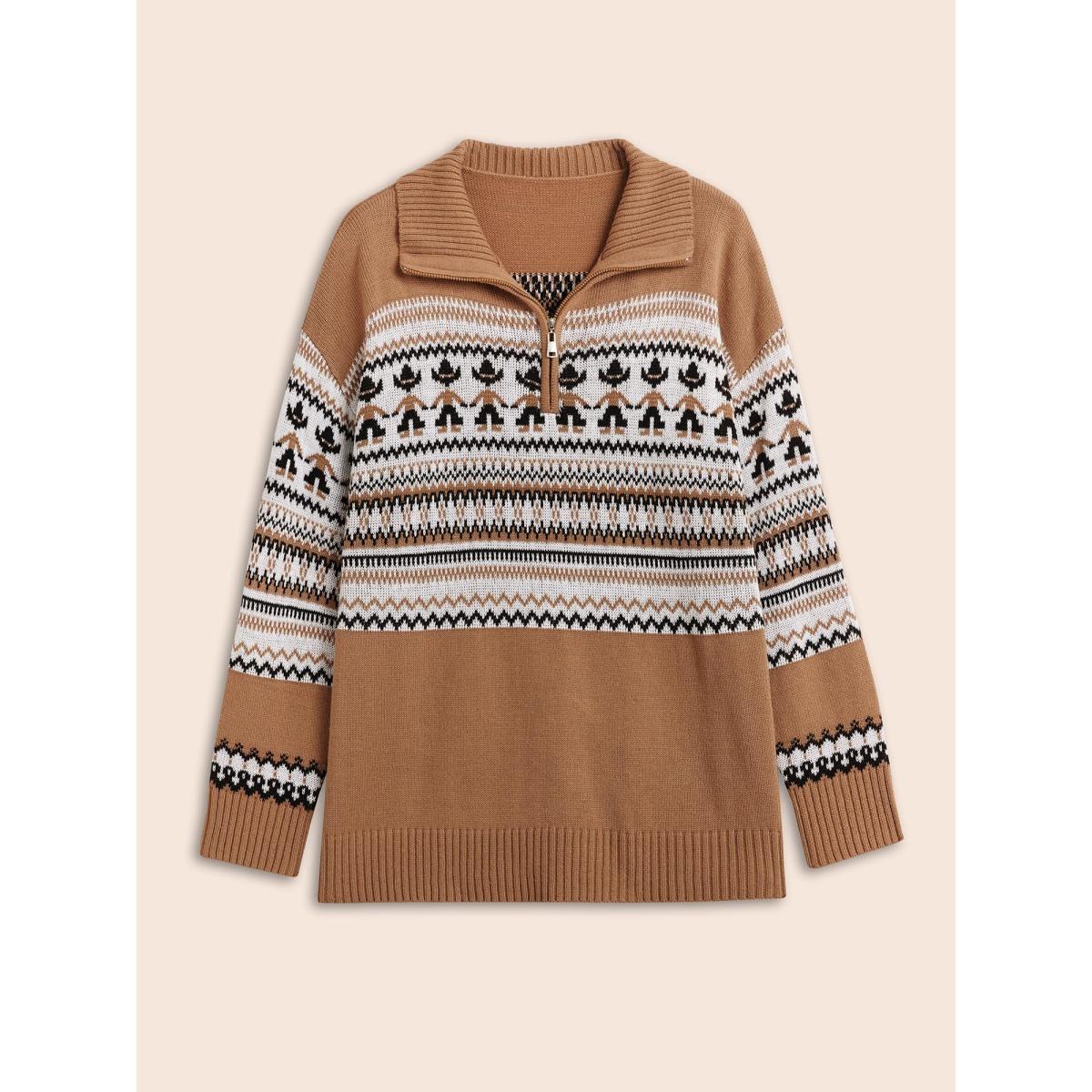 Plus Size Fair Isle Half Zipper Design Pullover Yellowishbrown Women Casual Long Sleeve Lapel Collar Everyday Pullovers BloomChic 14-16/1X Product Image