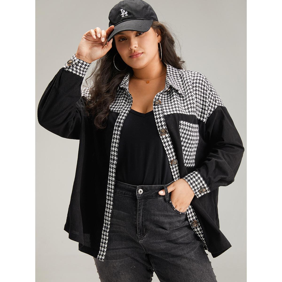 Plus Size Houndstooth Patchwork Pocket Button Through Corduroy Coat Women Black Casual Contrast Ladies Dailywear Winter Coats BloomChic 22-24/3X Product Image