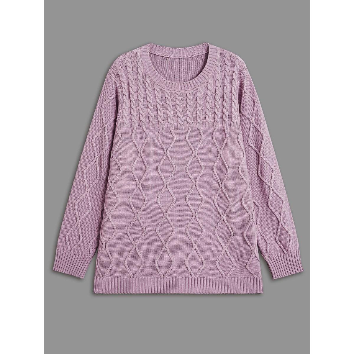 Plus Size Crew Neck Cable Knit Textured Pullover Lilac Women Casual Loose Long Sleeve Round Neck Everyday Pullovers BloomChic 28/5X Product Image