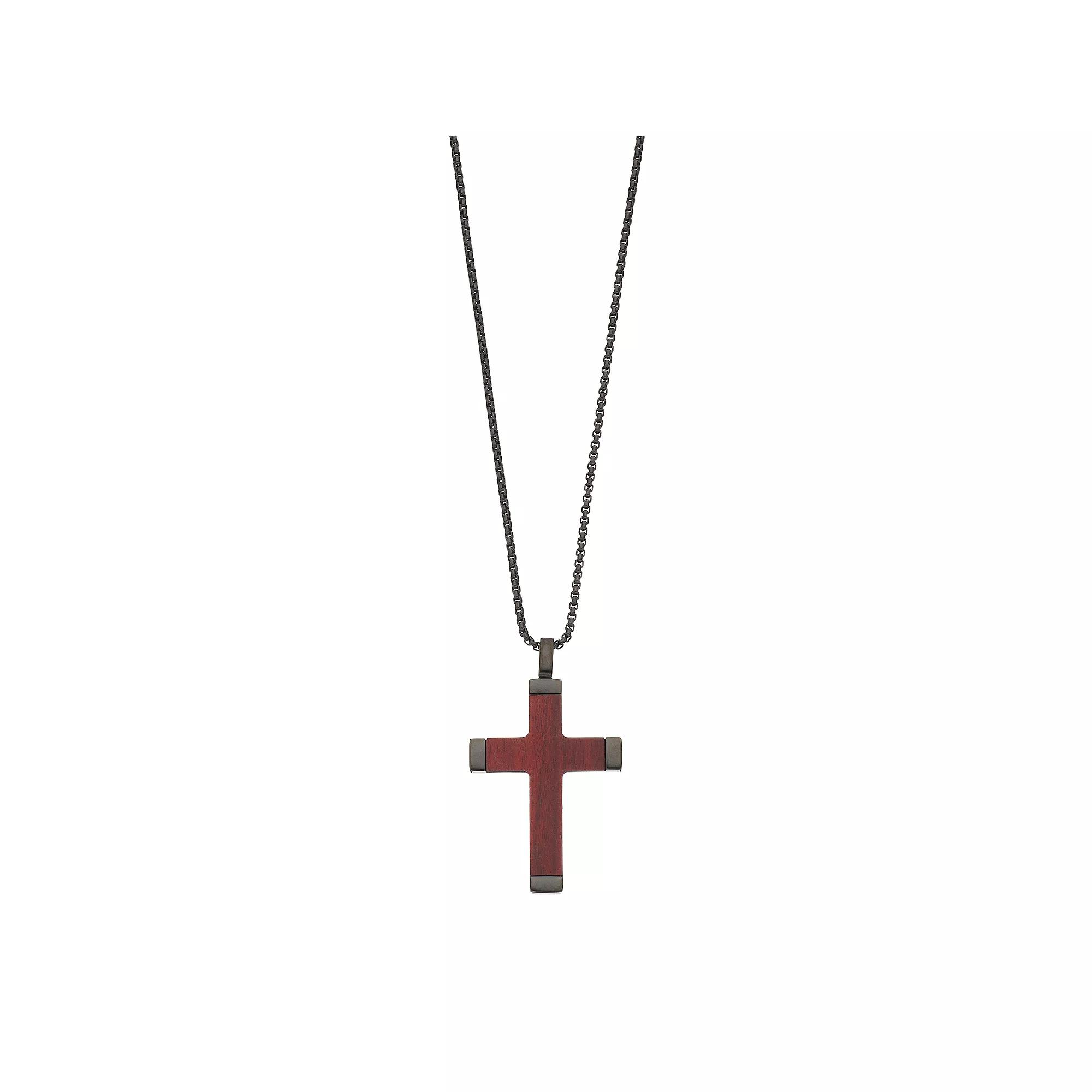 LYNX Men's Black Stainless Steel & Wood Cross Pendant Necklace, Size: 24" Product Image
