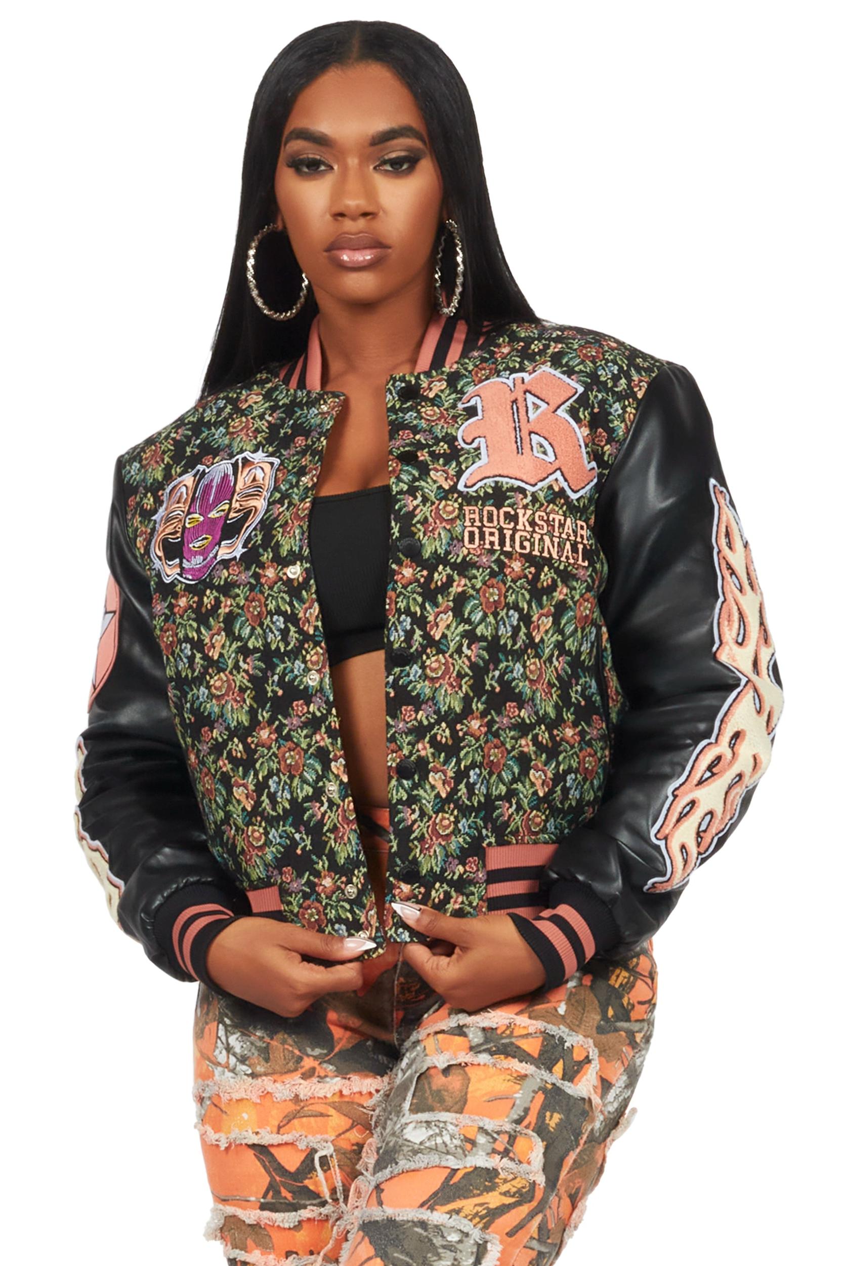 Lakiela Black Oversized Tapestry Varsity Jacket Female Product Image