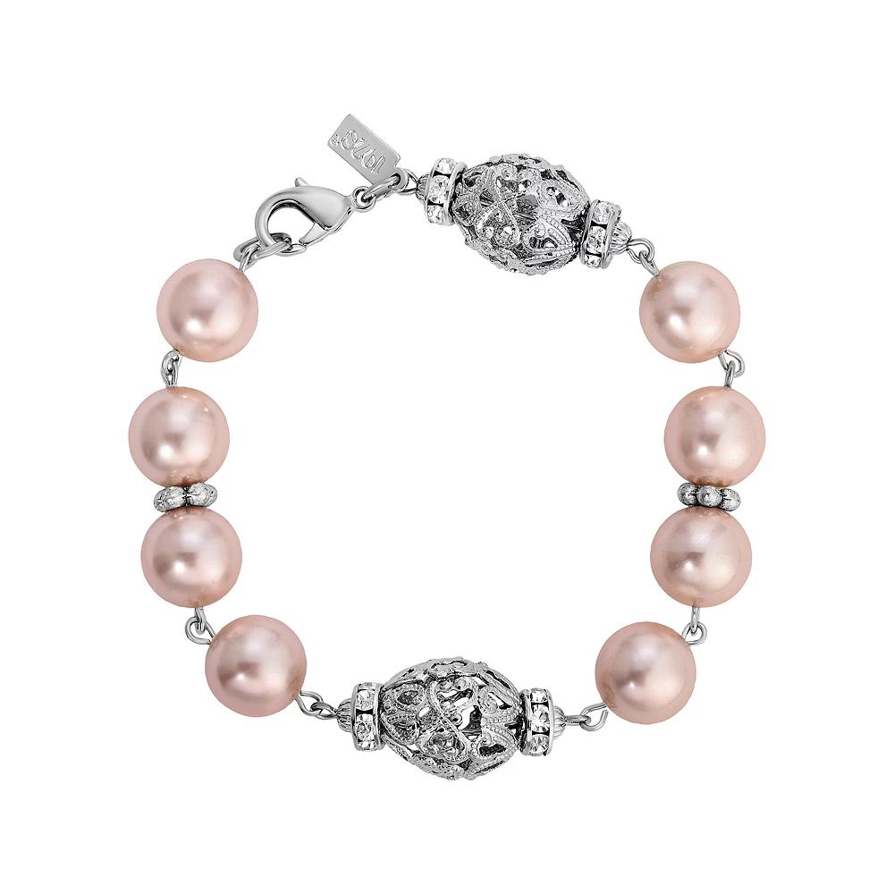 1928 Silver Tone Filigree Faux Pearl Bracelet, Women's, Pink Product Image