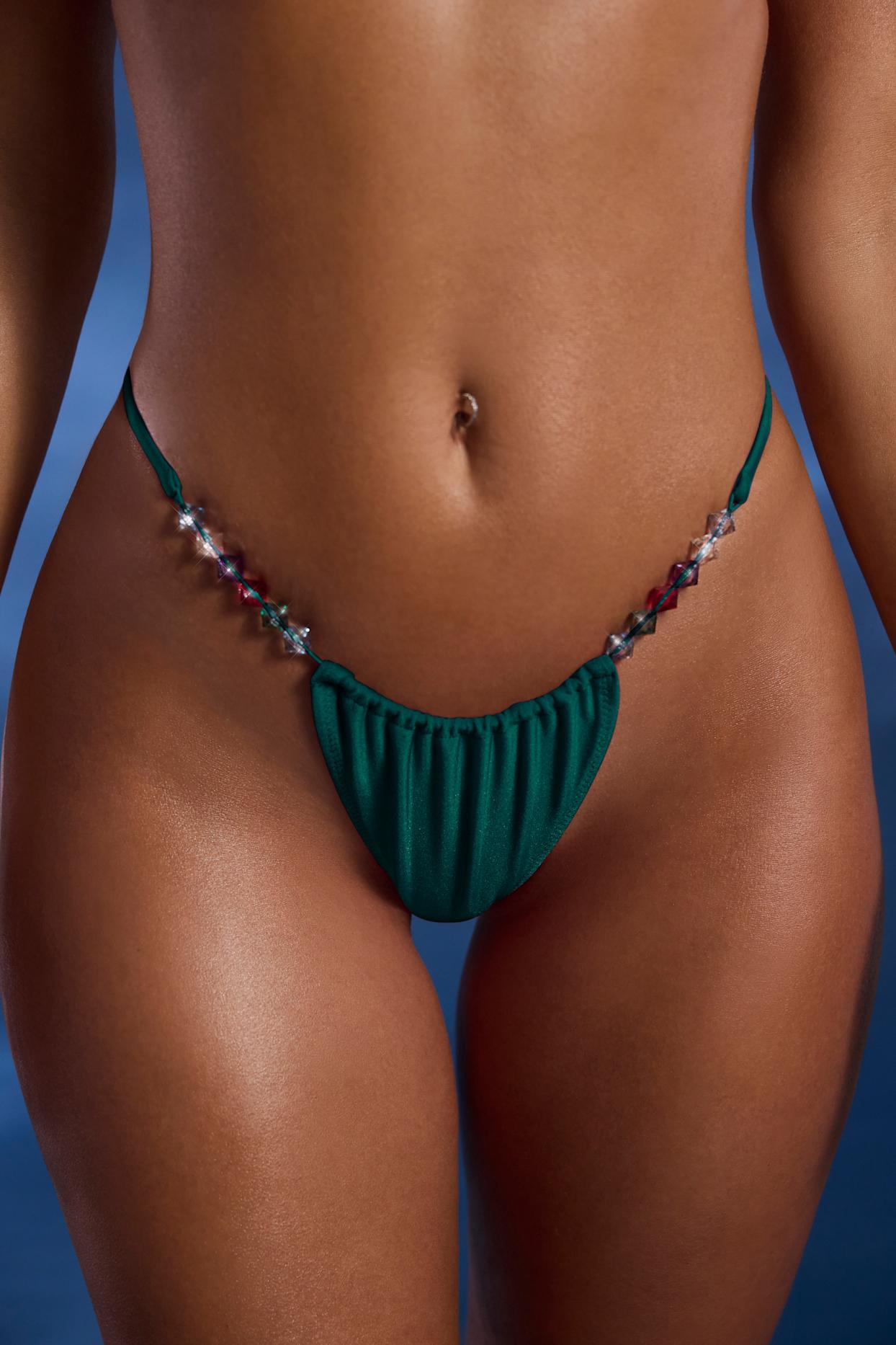Bead-Embellished Triangle Bikini Top in Jade Green Product Image
