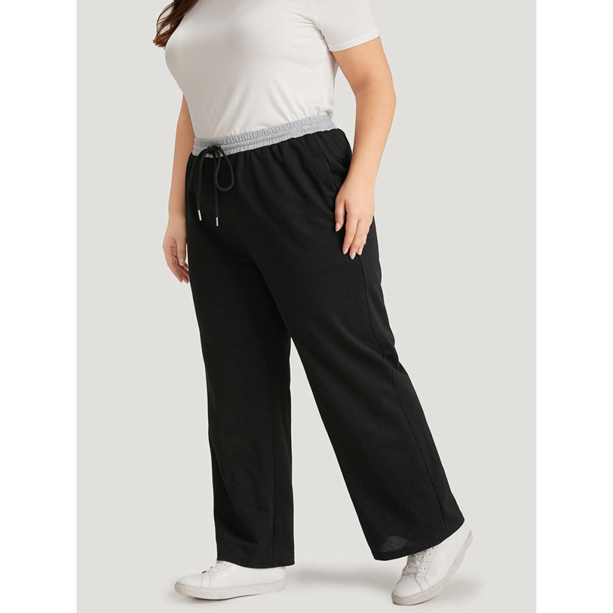 Plus Size Contrast Patchwork Drawstring Straight Leg Pants Women Black Casual High Rise Dailywear Pants BloomChic 10/M Product Image