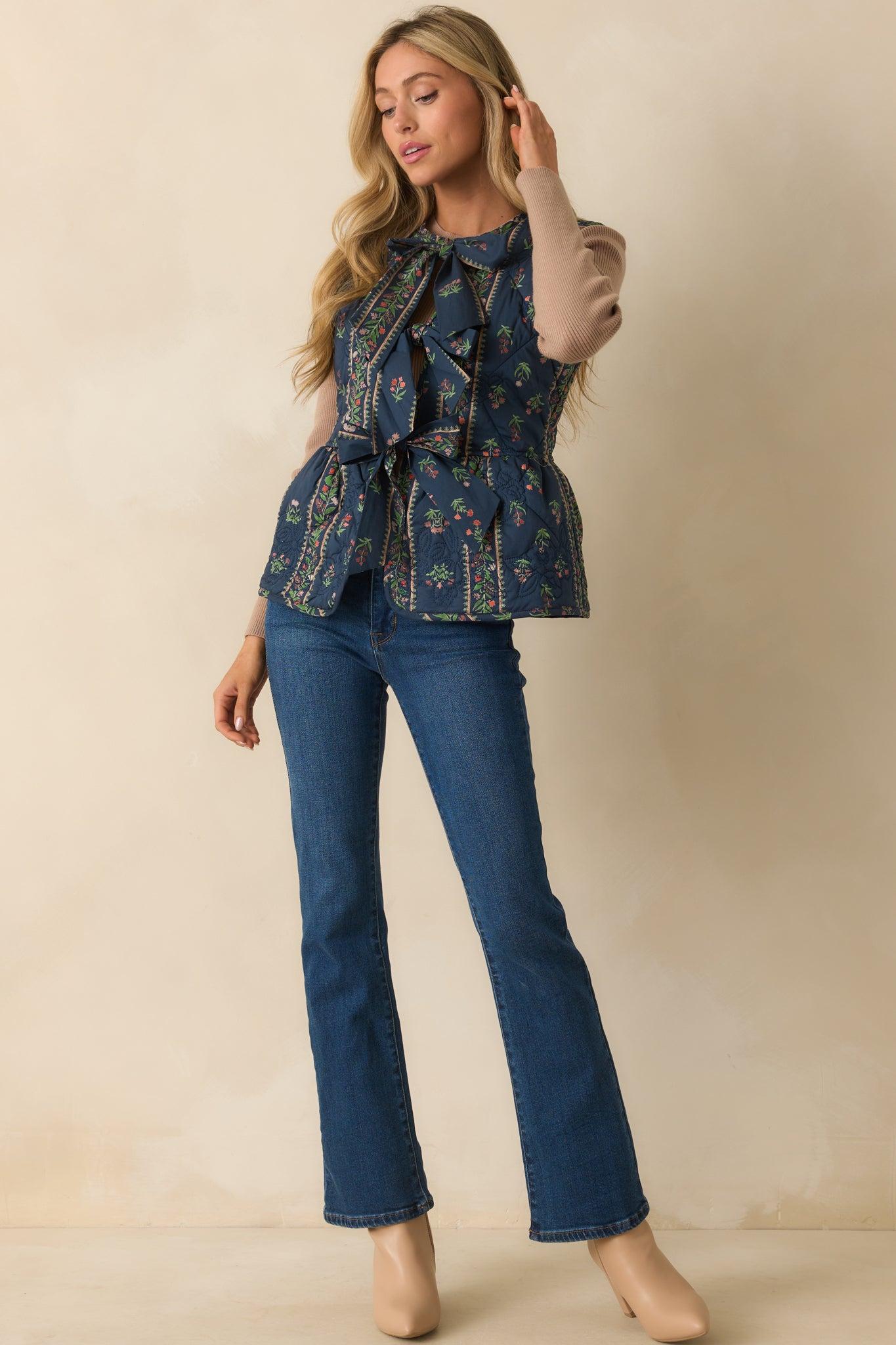 After All Is Said Navy Multi Floral Print Bow Front Quilted Vest Product Image