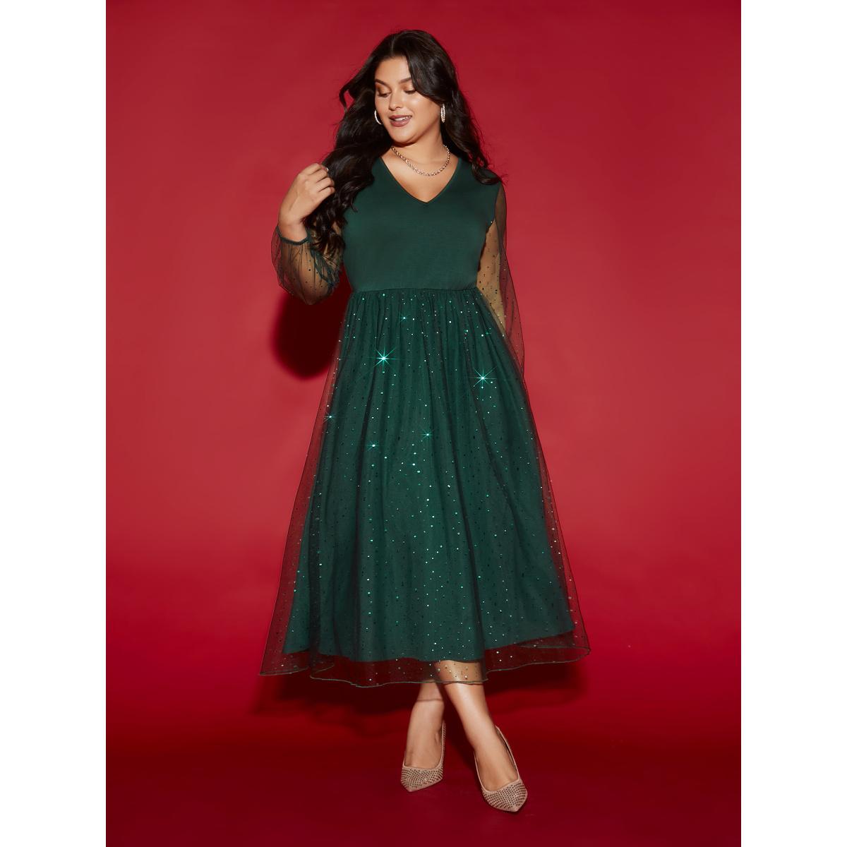 Plus Size Sheer Mesh Shimmering Sequins Maxi Dress Cyan Women Party&Cocktail Texture Party Curvy Bloomchic 26/4X Product Image