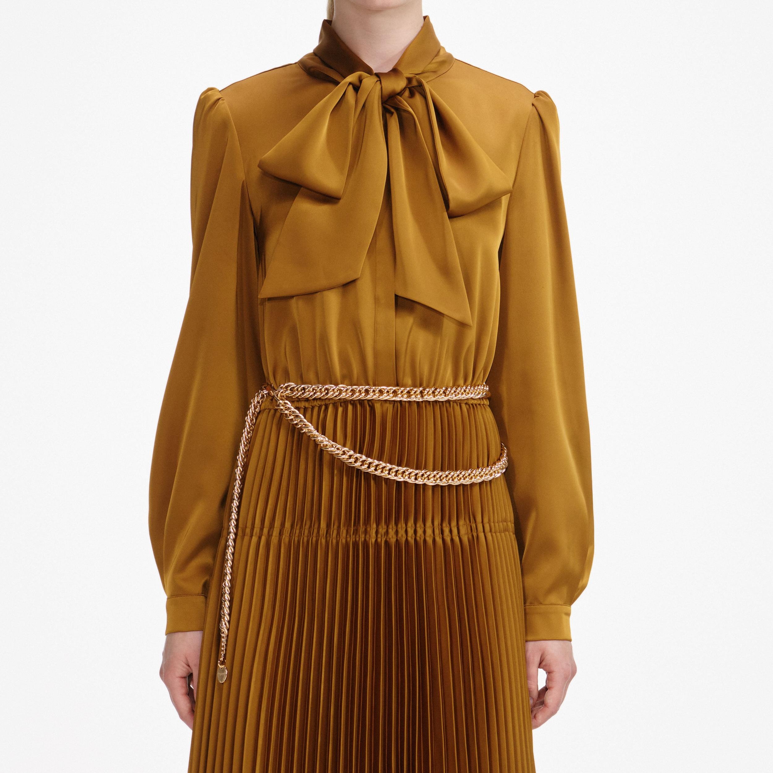 Bronze Satin Pussy Bow Maxi Dress Product Image