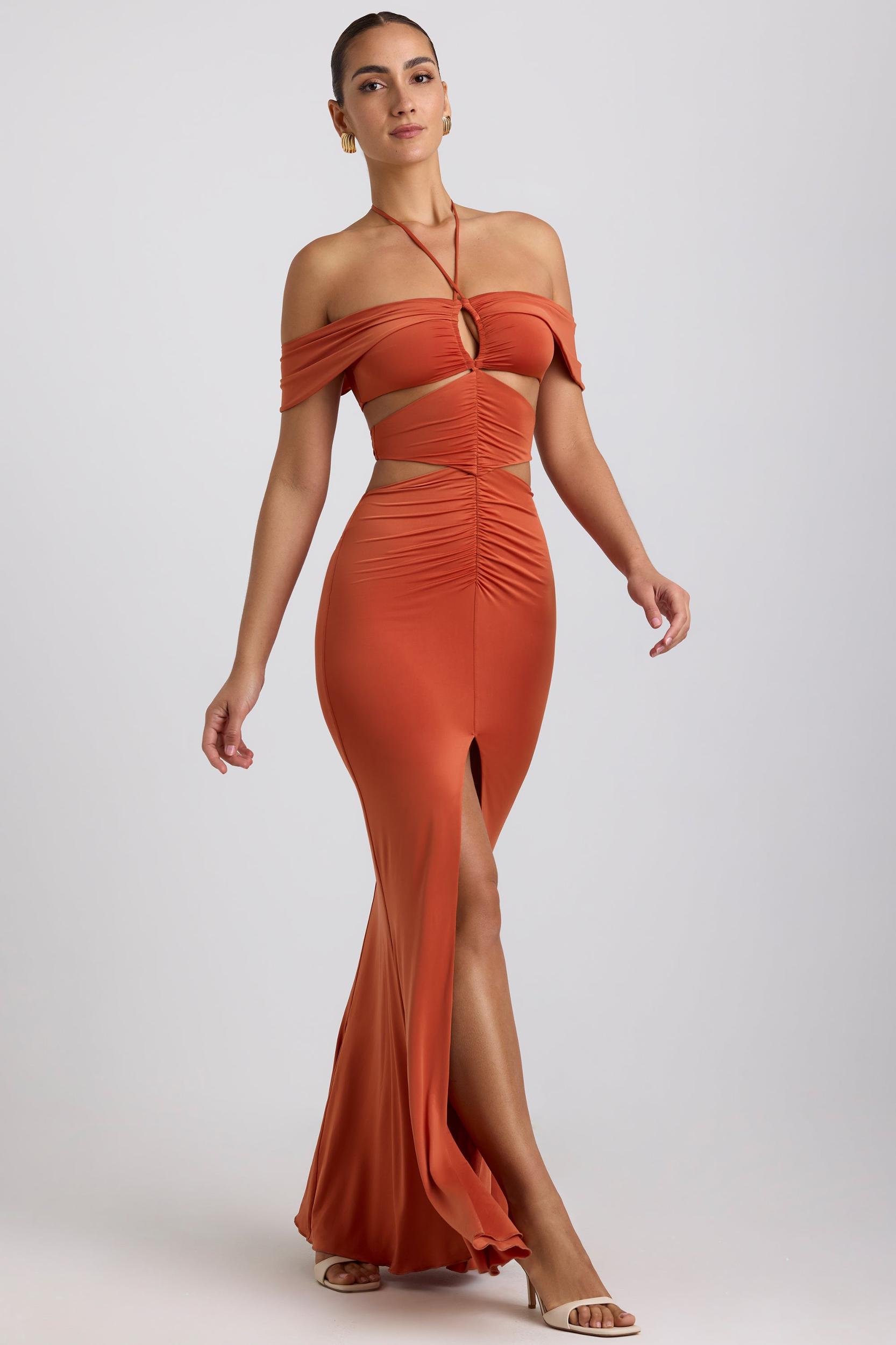 Slinky Jersey Cut-Out Halterneck Gown in Burnt Orange Product Image
