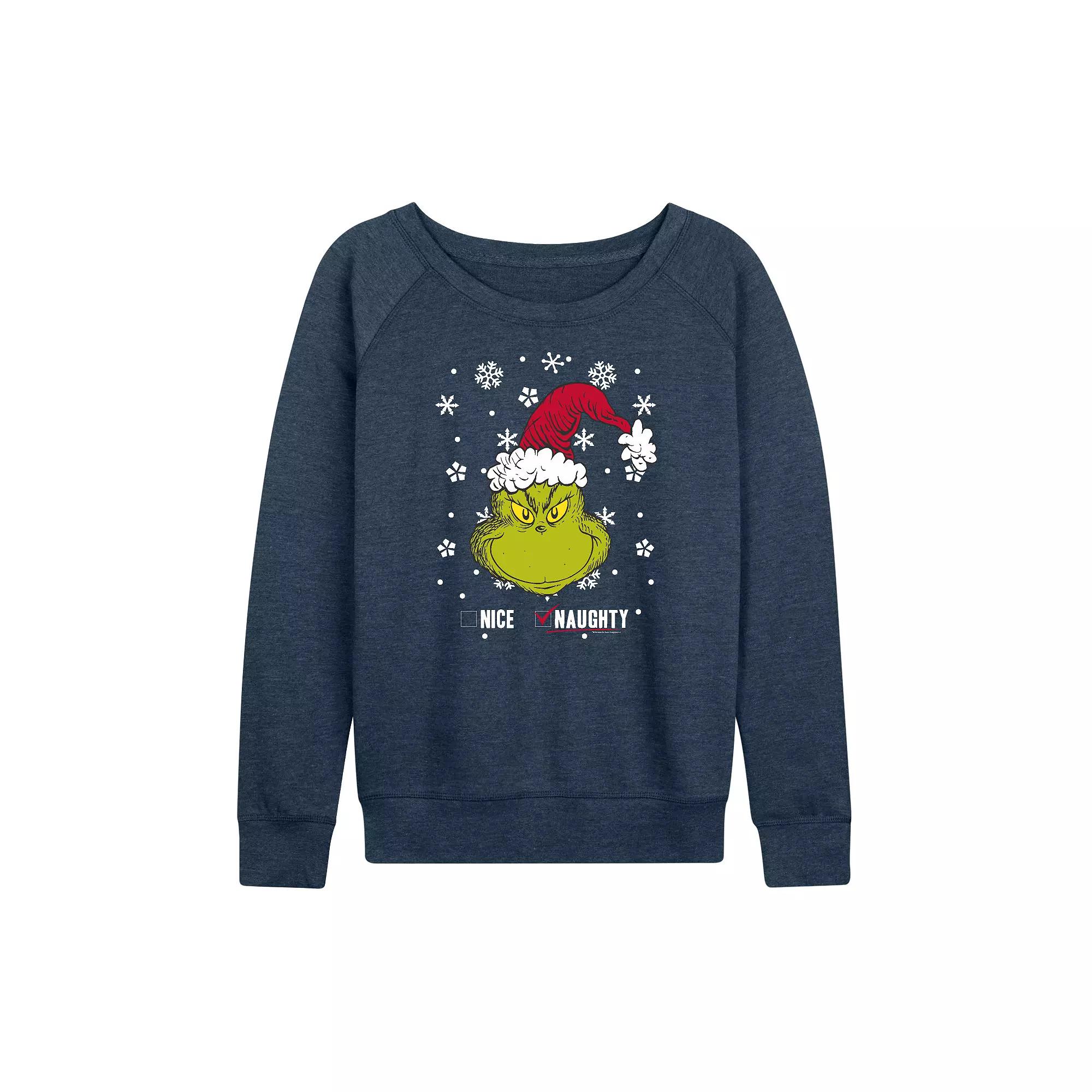 Women's Dr. Seuss The Grinch Naughty Or Nice French Terry Long Sleeve Tee, Girl's,  Product Image