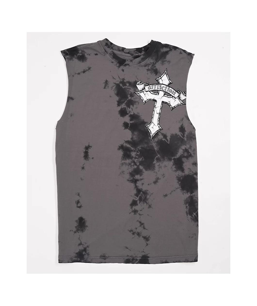 Afflicition Crossed Over Cutoff Black Tie Dye Tank Top Product Image