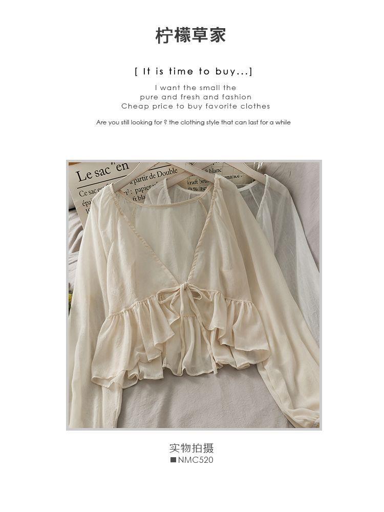 Tie-Waist Balloon-Sleeve Chiffon Cardigan Product Image