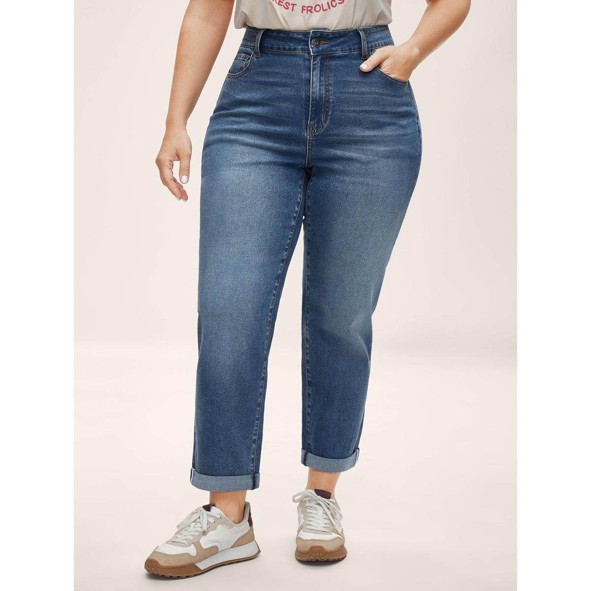 Plus Size Classic Pockets Boyfriend Jeans Women Midblue Leisure High stretch Slanted pocket Jeans BloomChic 28/5X Product Image