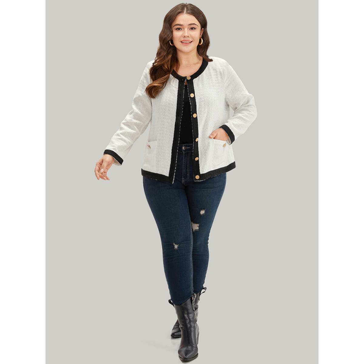 Plus Size Two Tone Tweed Buckle Detail Pocket Blazer White Women Office Plain Texture Sleeve Long Sleeve Round Neck 14-16/1X Pocket Work From Home Blazers BloomChic Product Image