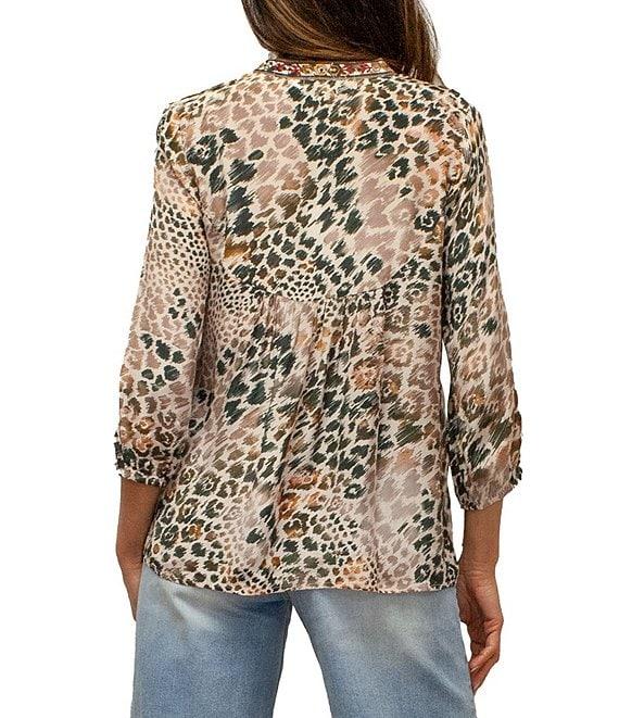 Karyn Seo Maria Floral Animal Print Embroidered Notch V-Neck 3/4 Sleeve Top Product Image
