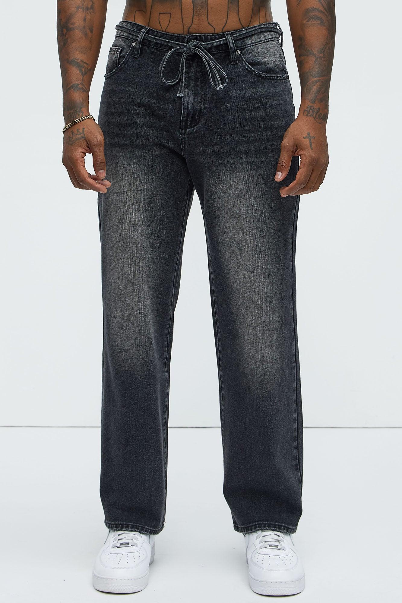 Drawstring Belt Straight Jeans - Black Wash Product Image