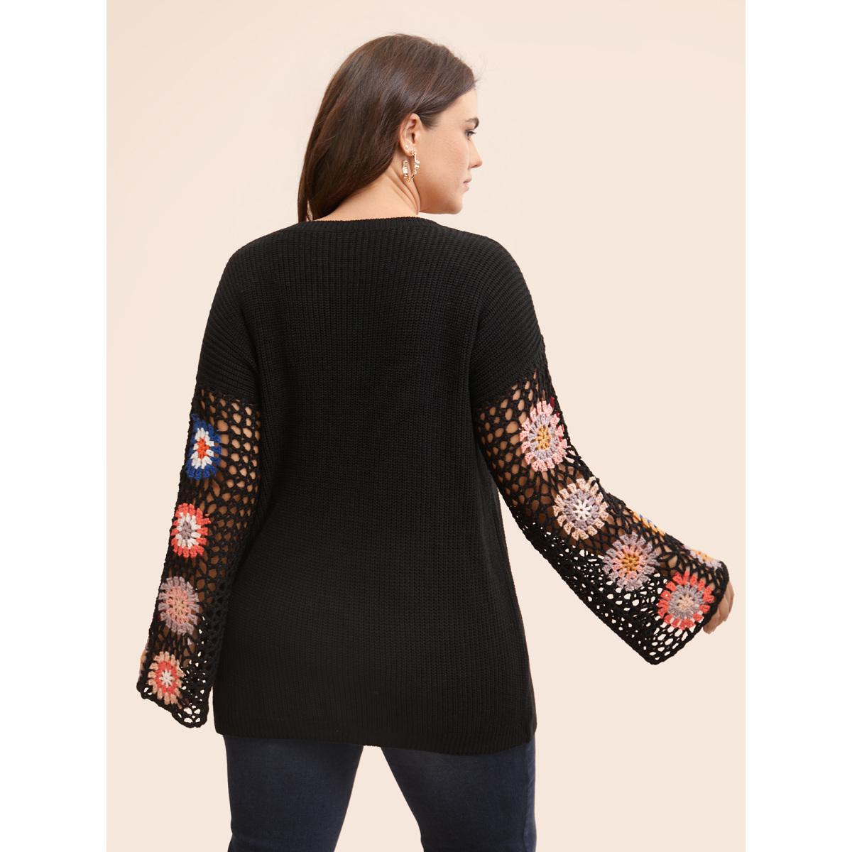 Plus Size Floral Embroidered Hollow Out Pullover Black Women Leisure Long Sleeve V-neck Casual Pullovers BloomChic 30/6X Product Image