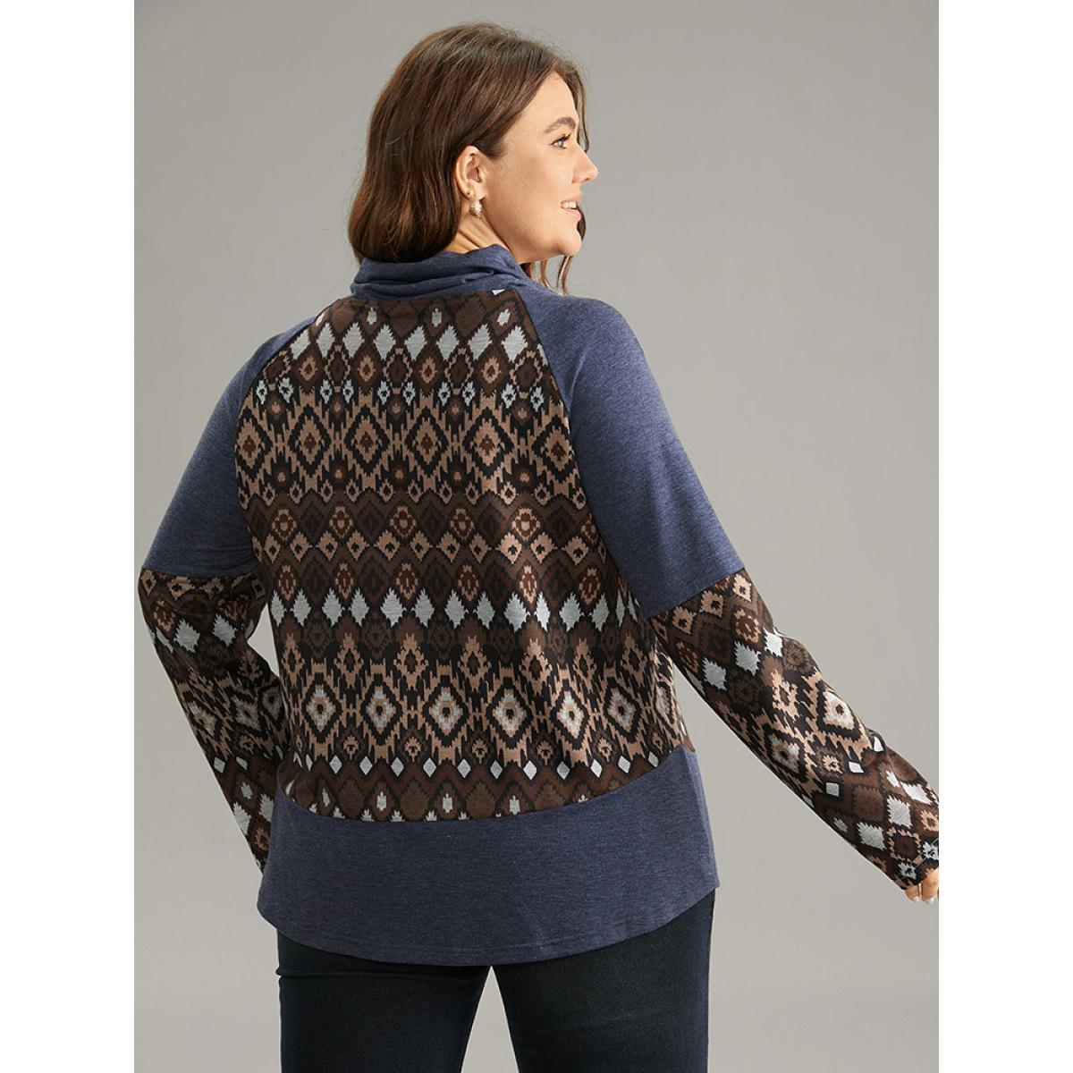 Plus Size Bandana Patchwork Mock Neck Raglan Sleeve Sweatshirt Women Indigo Casual Contrast Mock Neck Dailywear Sweatshirts BloomChic 14-16/1X Product Image