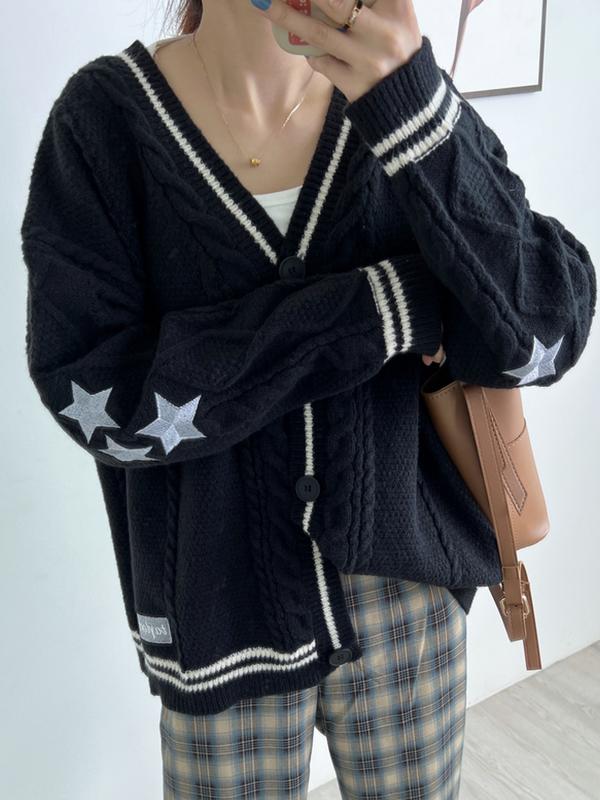 Oversize Star Embroidered Cable Knit Cardigan Product Image