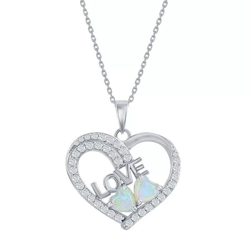 Sterling Silver Opal & Cubic Zirconia Heart Love Pendant Necklace, Womens White Product Image