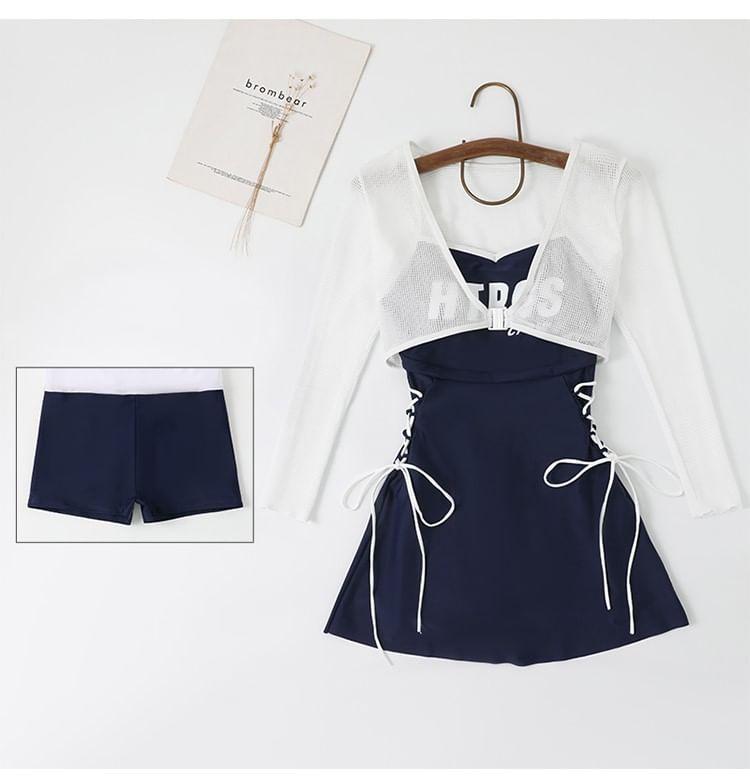 Set: Spaghetti Strap Lettering Contrast Trim Lace-Up Swim Dress + Long-Sleeve Plain Crop Cover Up Product Image