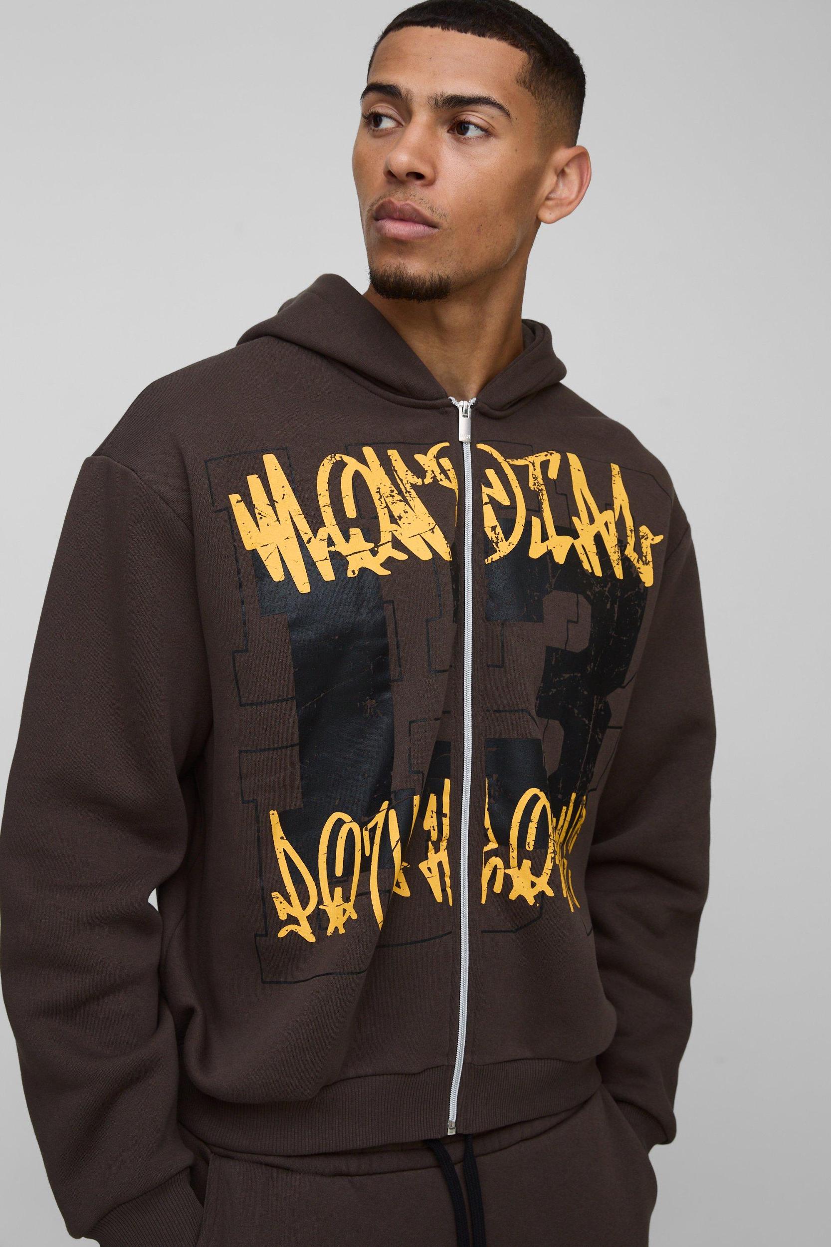 Oversized Boxy Graffiti 13 Varsity Zip Through Hooded Tracksuit | boohooMAN USA Product Image
