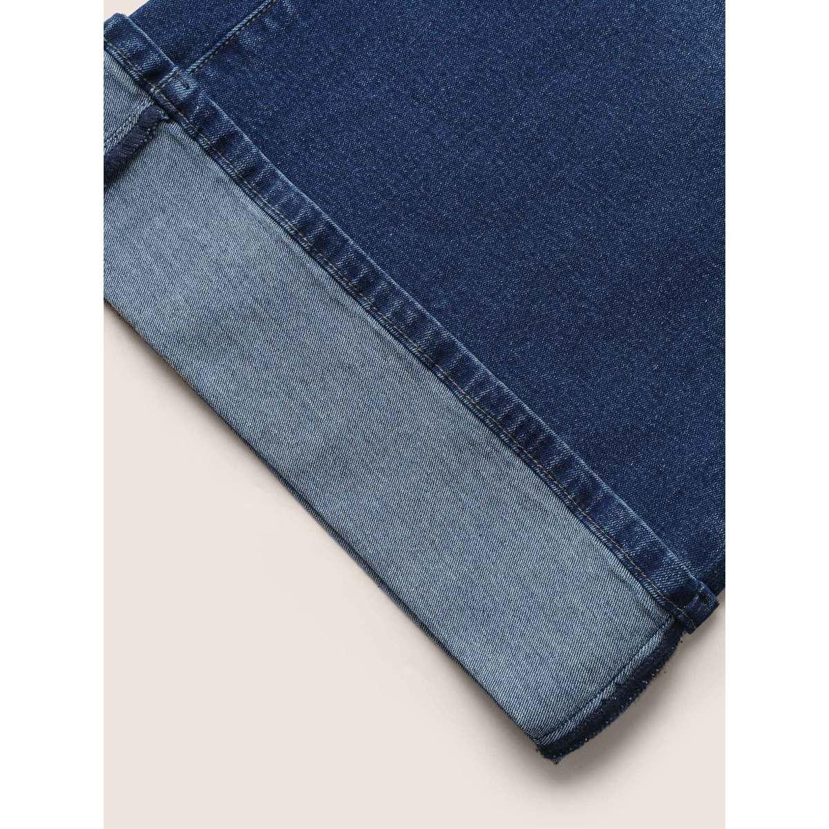 Plus Size Dark Wash Roll Hem Cropped Wide Leg Jeans Women Denimblue Casual High stretch Slanted pocket Jeans BloomChic 18/2X Product Image