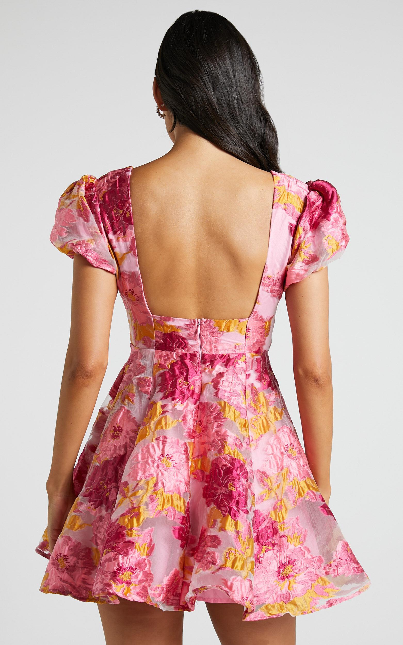 Brailey Jacquard Mini Dress - Puff Sleeve Dress in Pink Product Image