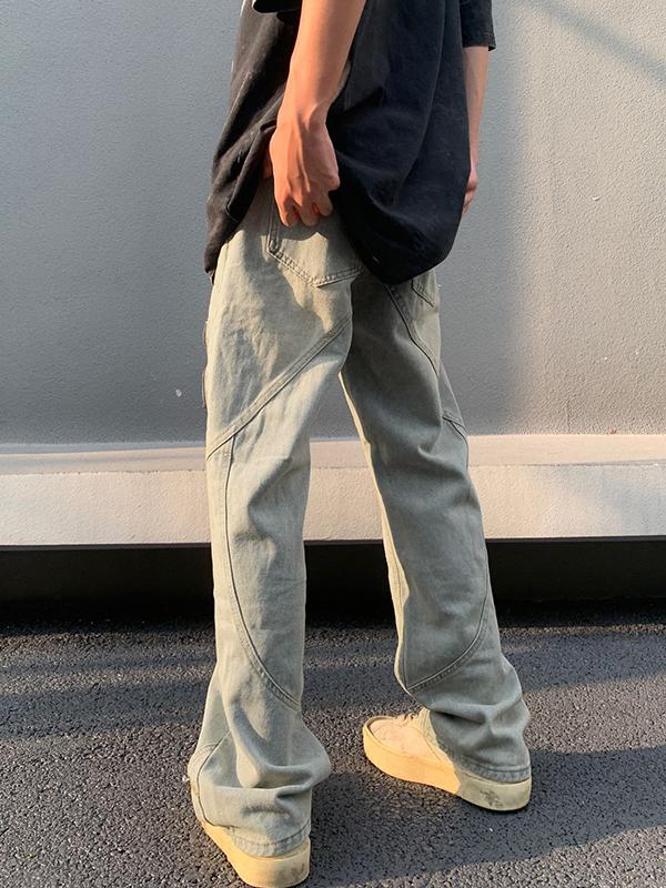 Men's Distressed Splice Zip Up Loose Jeans Product Image