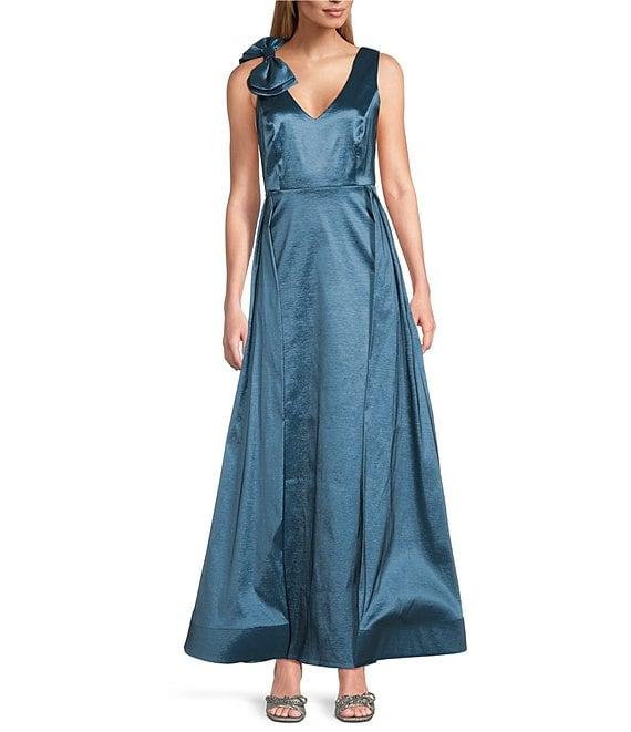 Marina Stretch Taffeta V-Neck Bow Shoulder Sleeveless Ball Gown Product Image