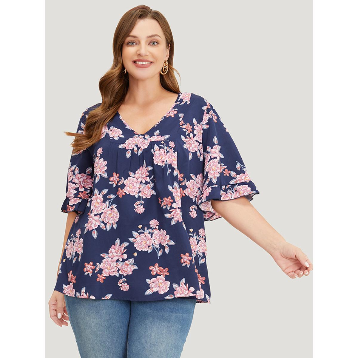 Plus Size Indigo Floral Printed Gathered Ruffle Sleeve Blouse Women Elegant Half Sleeve V-neck Dailywear Blouses BloomChic 14-16/1X Product Image