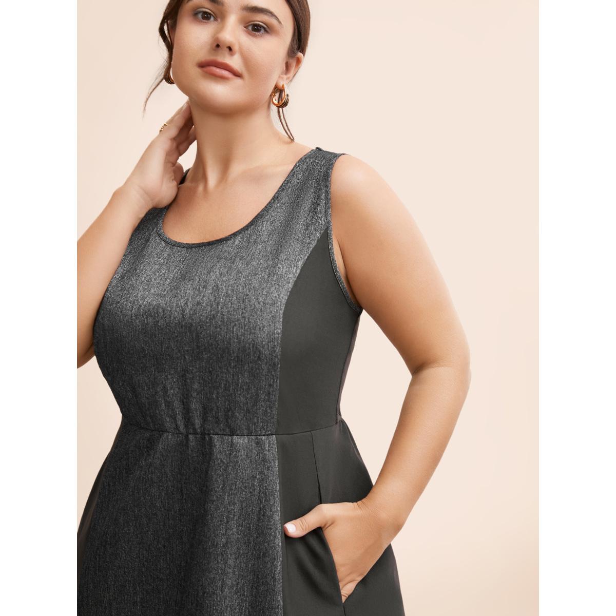 Plus Size Stretch Woven Seamed Fiited Midi Dress Black Women At the Office Contrast Round Neck Sleeveless Curvy BloomChic 28/5X Product Image