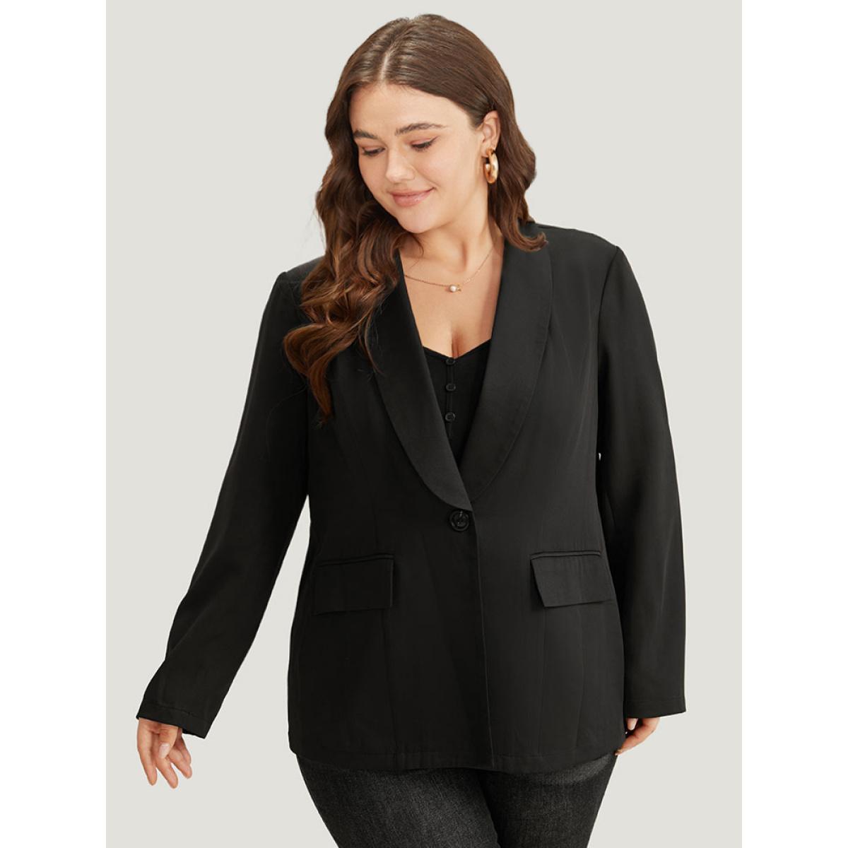 Plus Size Plain Suit Collar Button Up Pocket Blazer Black Women Work Plain Plain Sleeve Long Sleeve Suit Collar 22-24/3X Pocket At the Office Blazers BloomChic Product Image